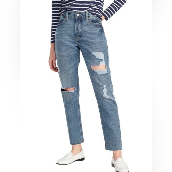 Old Navy High-Waist Slouchy Straight Cropped Ripped Distressed Crop Jeans Rigid - Picture 1 of 16